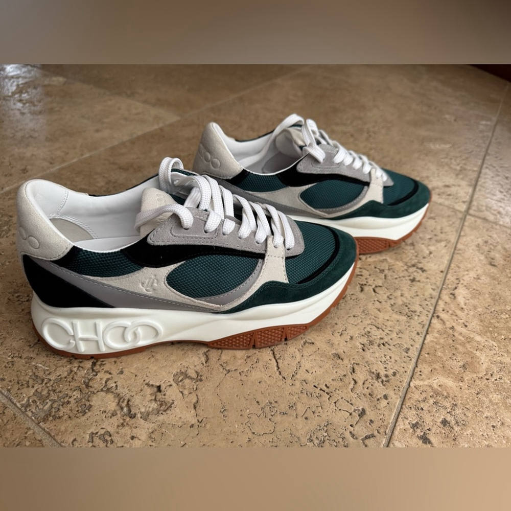 JIMMY CHOO LANDON GREEN GRAY SUEDE BLACK LEATHER PLATFORM SNEAKERS